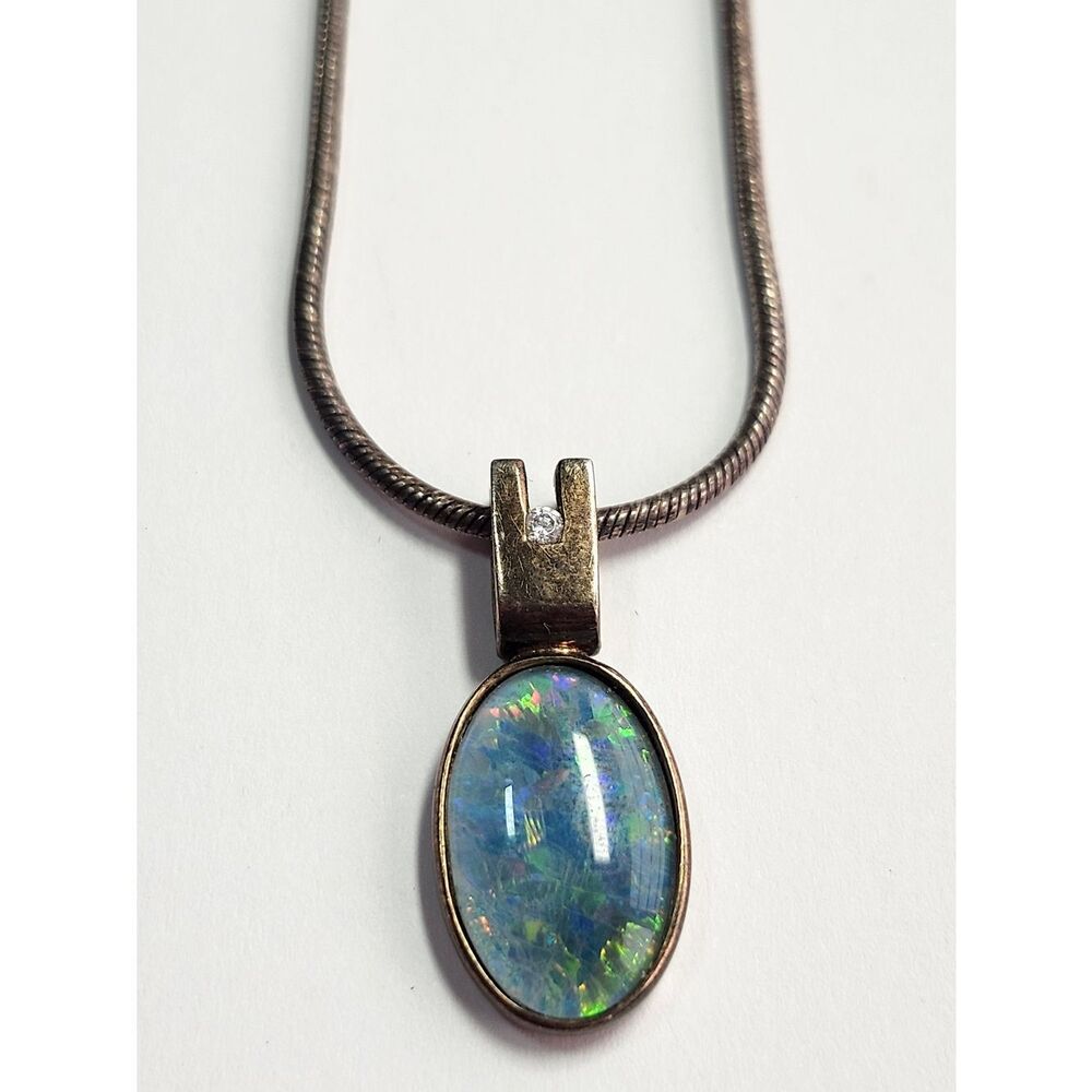 Sterling Silver Diamond And Opal Oval Pendant Necklace - Blue-Green Opal